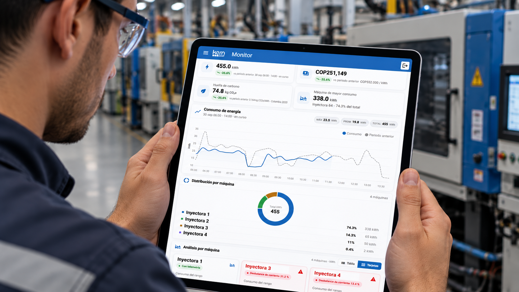 Ingeniero analizando en una tablet el consumo energético en tiempo real de una máquina de producción con KERN IoP | ENERGY.