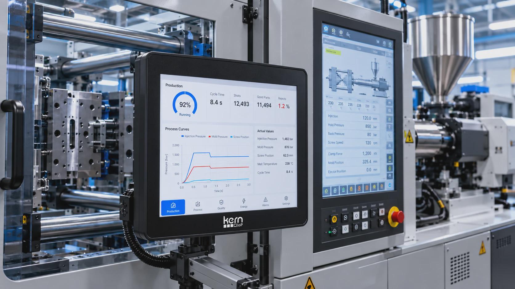 Visualización de KERN IoP SMARTPRO instalado junto al panel de control de una inyectora de plásticos.