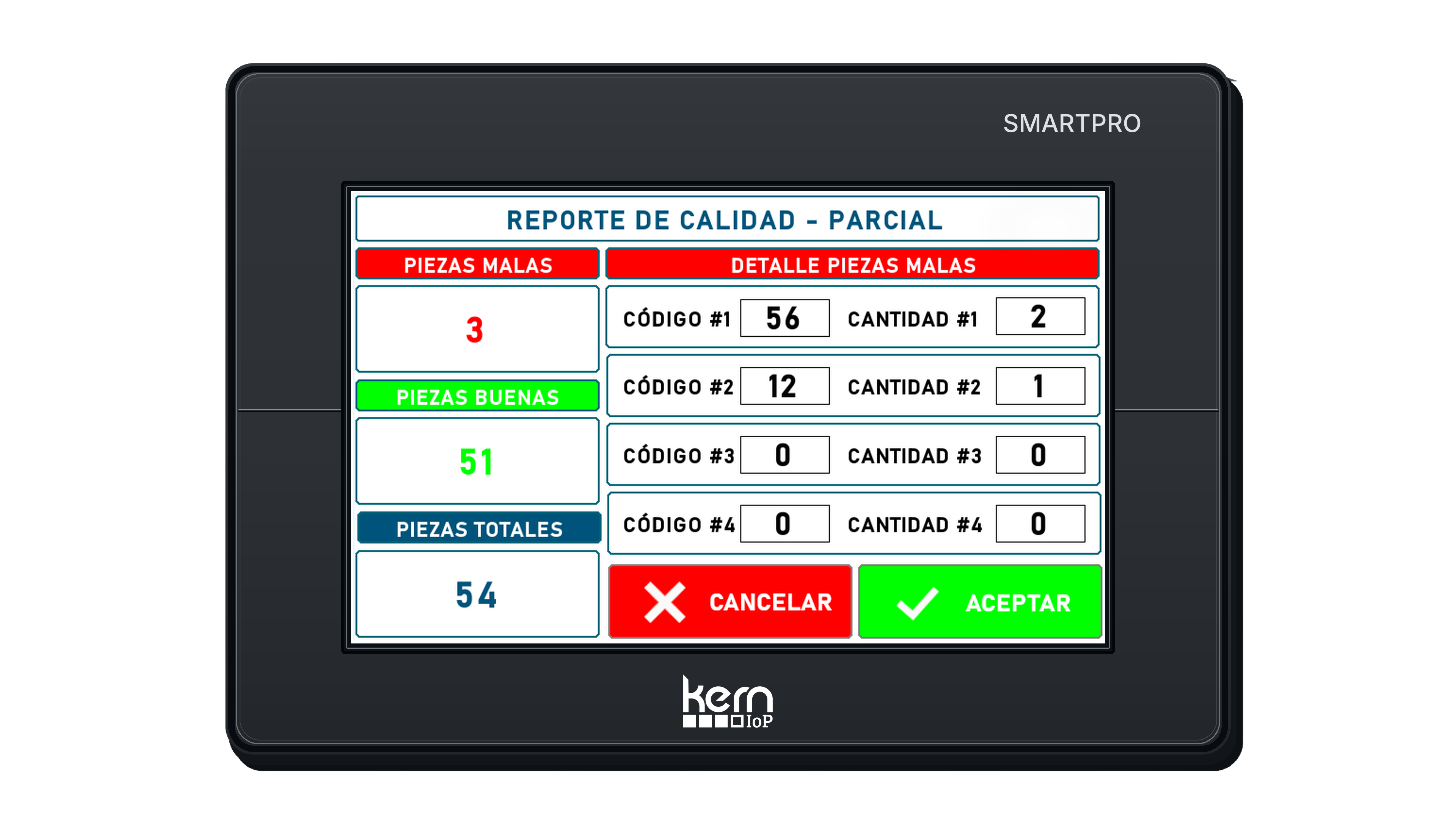 KERN IoP SMARTPRO con formulario de reporte de piezas conformes y rechazadas.
