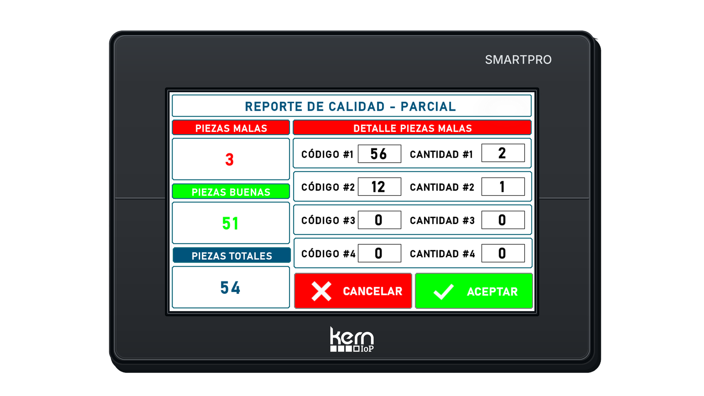 KERN IoP SMARTPRO mostrando un reporte de calidad en proceso.