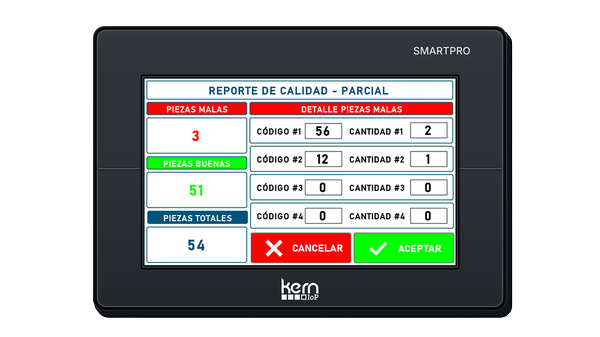 SMARTPRO con reporte parcial de piezas conformes y rechazadas, e identificación de categorías de rechazo.