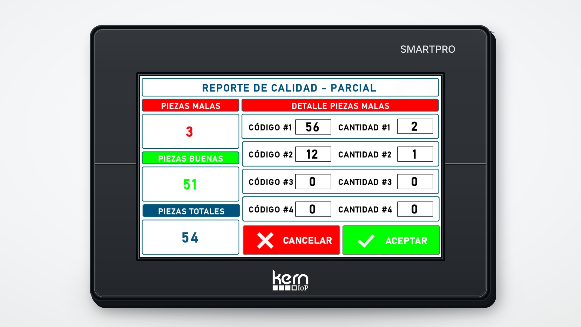 SMARTPRO con formulario real de piezas conformes y rechazadas.