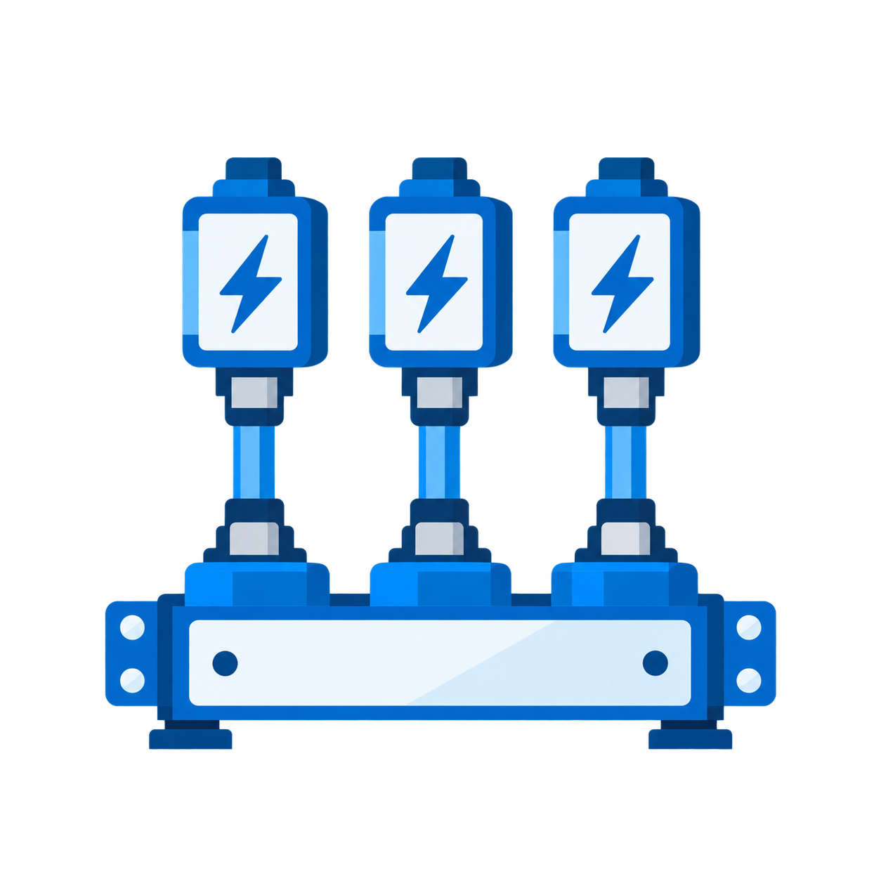 Icono de distribución de tres alimentaciones eléctricas, fondo transparente.