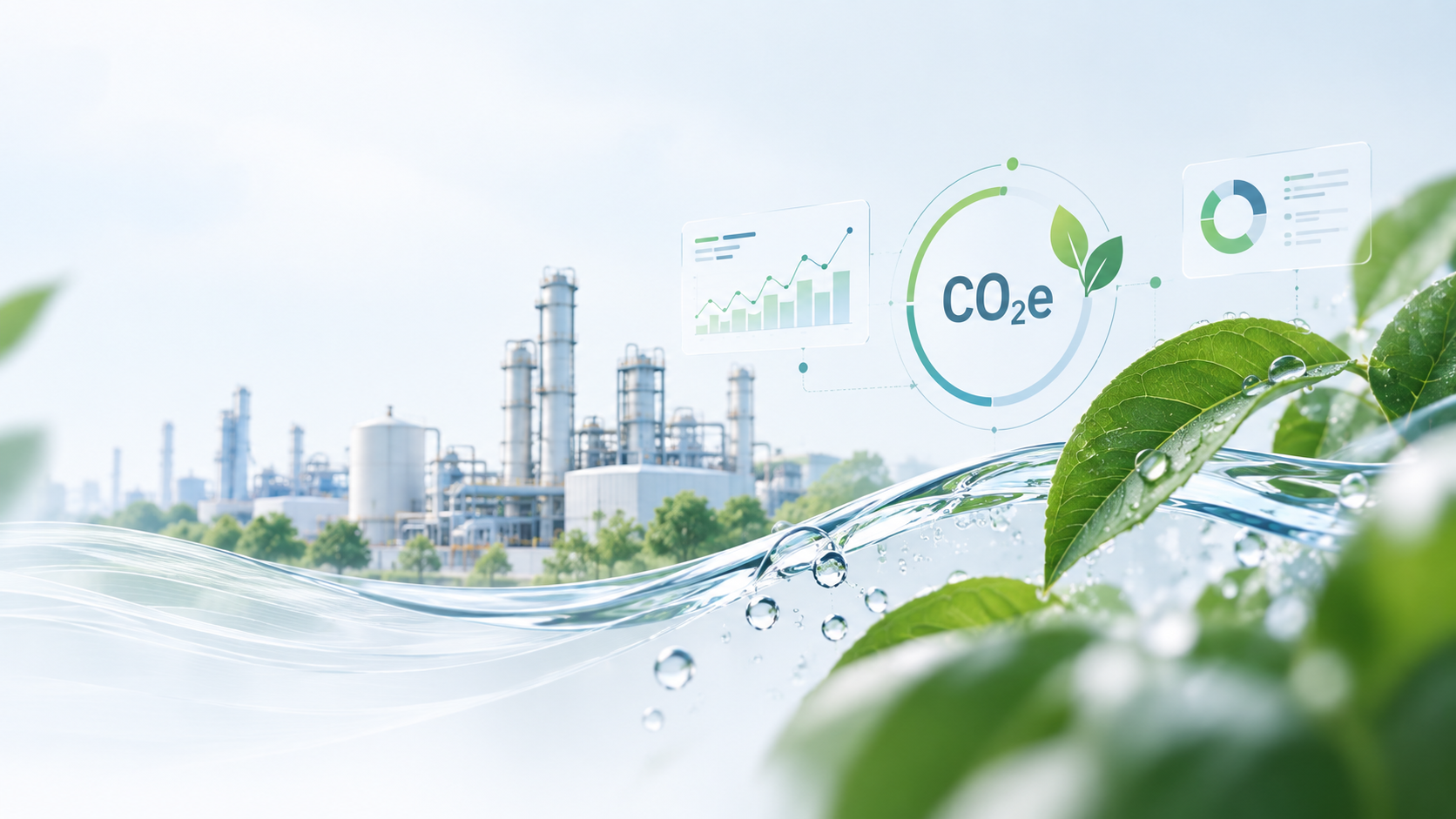 Concepto de sostenibilidad industrial con hojas verdes, agua, planta industrial y símbolo CO2e para análisis de energía y emisiones.