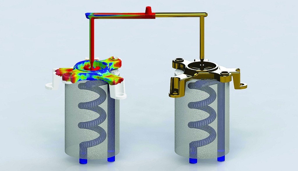 Simulación de enfriamiento de contorno en un sistema de refrigeración de molde, mostrando distribución térmica y geometría del circuito.